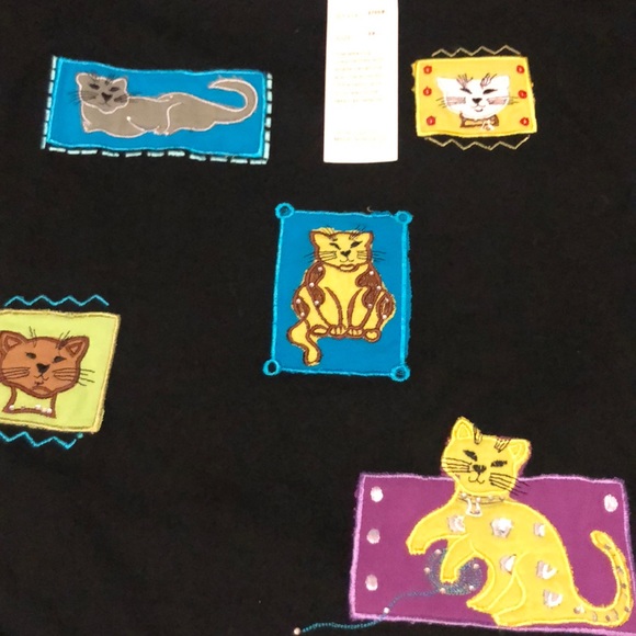 3x Black Cotton blouse with cat appliqués sparkles - Picture 4 of 10
